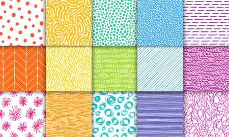 Abstract hand drawn geometric simple minimalistic seamless patterns set of Polka dot, stripes, waves, random symbols textures in bright colorful vector illustration template for your designのイラスト素材
