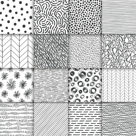 Abstract hand drawn geometric simple minimalistic seamless patterns set. of polka dot, stripes, waves, random symbols textures in monochrome illustration, template for your design.のイラスト素材