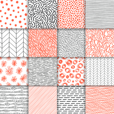 Abstract hand drawn geometric simple minimalistic seamless patterns set of polka dot, stripes, waves, random symbols textures in bright colorful vector illustration, Template for your designのイラスト素材