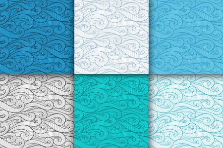 Abstract wavy lines seamless patterns set vector illustration. Bright colorful seamlessly tiling background collection.のイラスト素材