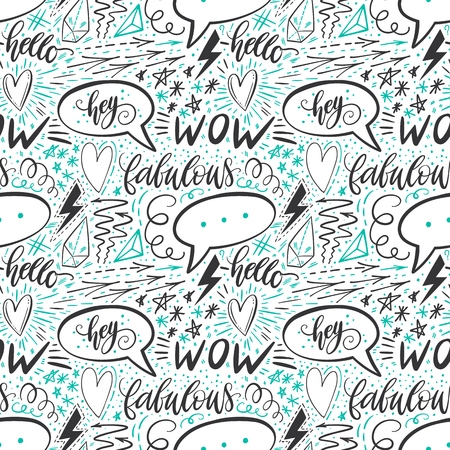 Calligraphy hand lettering seamless pattern. Positive signs, star, heart, speech bubbles, and geometric forms Vector illustrationのイラスト素材