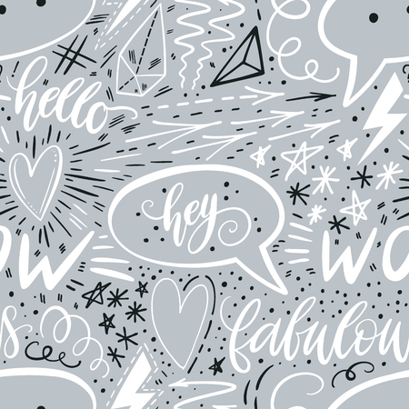 Calligraphy hand lettering seamless pattern. Positive signs, star, heart, speech bubbles, and geometric forms Vector illustrationのイラスト素材