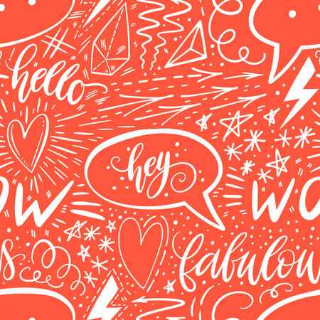 Calligraphy hand lettering seamless pattern. Positive signs, star, heart, speech bubbles, geometric forms. Perfect for print, textile, t-shirts, phone cases. Modern surface design. Vector illustrationのイラスト素材