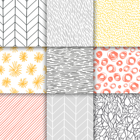 Abstract hand drawn geometric simple minimalistic seamless patterns set. Polka dot, stripes, waves, random symbols textures. Bright colorful vector illustration. Template for your designのイラスト素材