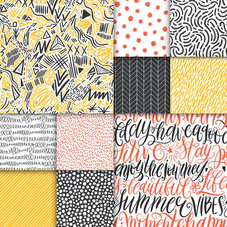 Abstract hand drawn geometric simple minimalistic seamless patterns set. Hand lettering, polka dot, stripes, waves, random symbols textures. Bright colorful vector illustration. Template for your designのイラスト素材