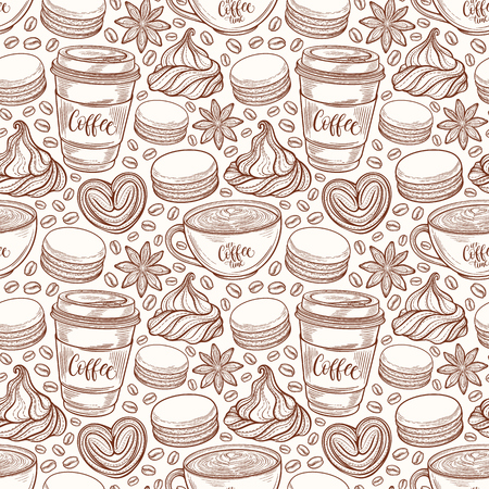 Hand drawn seamless pattern with coffee cups, beans, mugs, macaroons. Colorful background in vintage retro colors. Decorative doodle vector illustrationのイラスト素材