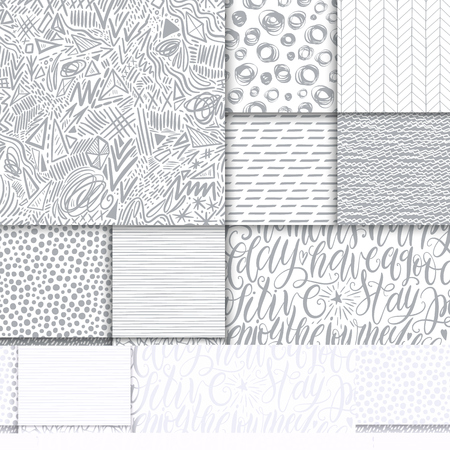 Abstract hand drawn geometric simple minimalistic seamless patterns set. Hand lettering, polka dot, stripes, waves, random symbols textures. Bright colorful vector illustration. Template for your designのイラスト素材