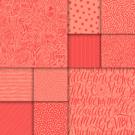 Abstract hand drawn geometric simple minimalistic seamless patterns set. Hand lettering, polka dot, stripes, waves, random symbols textures. Bright colorful vector illustration. Template for your designのイラスト素材