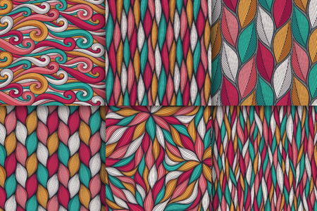Abstract wavy lines seamless patterns set. Floral organic vector illustration. Bright colorful seamlessly tiling background collection.のイラスト素材