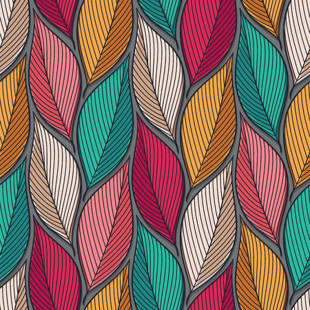 Stylized colorful leaves seamless pattern. Nature universal textures. Hand drawn decorative floral ornamental background. Vector illustrationのイラスト素材