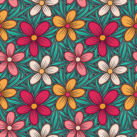 Decorative floral seamless pattern. Hand drawn colorful stylized doodle background. Botanical vector illustrationのイラスト素材