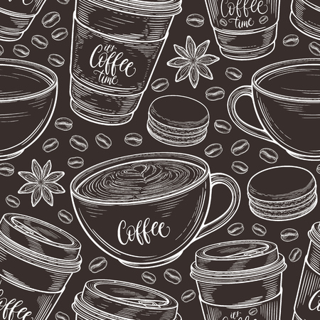Hand drawn seamless pattern with coffee cups, beans, mugs, macaroons. Colorful background in vintage retro colors. Decorative doodle vector illustrationのイラスト素材