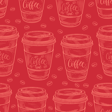 Hand drawn coffee cups seamless pattern. Colorful background in vintage retro colors. Decorative doodle vector illustrationのイラスト素材