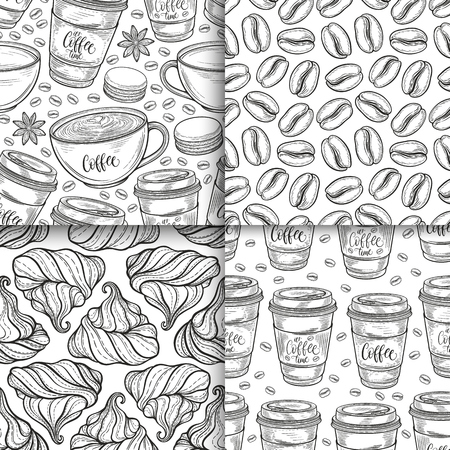 Coffee cups, beans, mugs, macaroons hand drawn seamless pattern set. Monochrome black and white vector background. Decorative sketch doodle illustrationのイラスト素材
