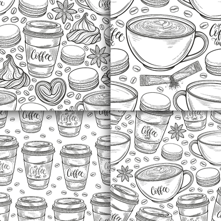 Coffee cups, beans, mugs, macaroons hand drawn seamless pattern set. Monochrome black and white vector background. Decorative sketch doodle illustrationのイラスト素材