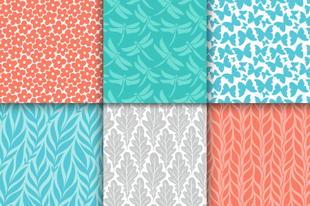 Abstract decorative doodle nature seamless patterns set. Hand drawn silhouette flowers, branches, leaves textures. Simple vector universal background. Vintage feminine colorsのイラスト素材