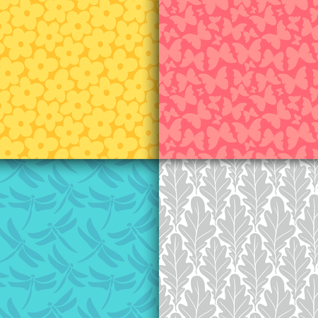Abstract decorative doodle nature seamless patterns set. Hand drawn silhouette flowers, branches, leaves textures. Simple vector universal background. Vintage feminine colorsのイラスト素材