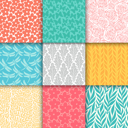 Abstract decorative doodle nature seamless patterns set. Hand drawn silhouette flowers, branches, leaves textures. Simple vector universal background. Vintage feminine colorsのイラスト素材