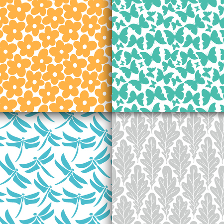 Abstract decorative doodle nature seamless patterns set. Hand drawn silhouette flowers, branches, leaves textures. Simple vector universal background. Vintage feminine colorsのイラスト素材