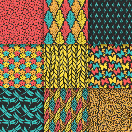 Abstract decorative doodle nature seamless patterns set. Hand drawn silhouette flowers, branches, leaves textures. Simple vector universal background. Vintage feminine colorsのイラスト素材