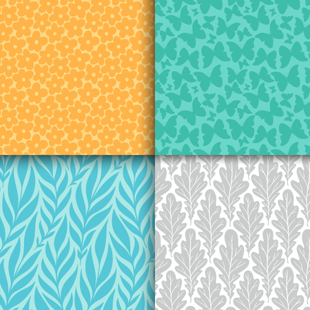 Abstract decorative doodle nature seamless patterns set. Hand drawn silhouette flowers, branches, leaves textures. Simple vector universal background. Vintage feminine colorsのイラスト素材