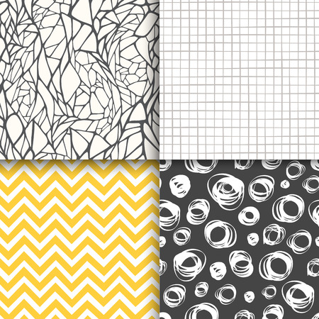 Abstract hand drawn geometric simple minimalistic seamless patterns set. Polka dot, stripes, waves, random symbols textures. Vector illustrationのイラスト素材