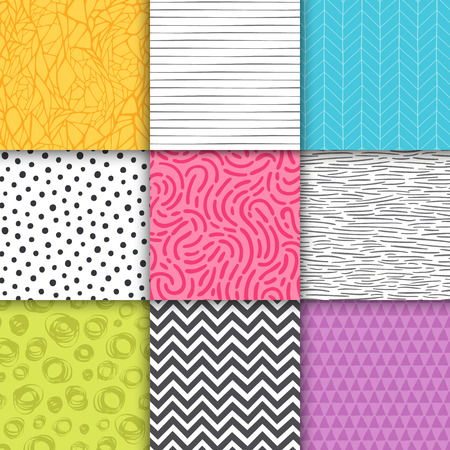 Abstract hand drawn geometric simple minimalistic seamless patterns set. Polka dot, stripes, waves, random symbols textures. Vector illustrationのイラスト素材