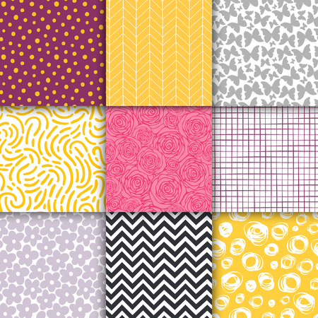 Abstract hand drawn geometric simple minimalistic seamless patterns set. Polka dot, stripes, waves, random symbols textures. Vector illustrationのイラスト素材