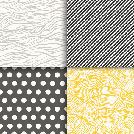 Abstract hand drawn geometric simple minimalistic seamless patterns set. Polka dot, stripes, waves, random symbols textures. Vector illustrationのイラスト素材
