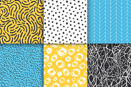 Abstract hand drawn geometric simple minimalistic seamless patterns set. Polka dot, stripes, waves, random symbols textures. Vector illustrationのイラスト素材