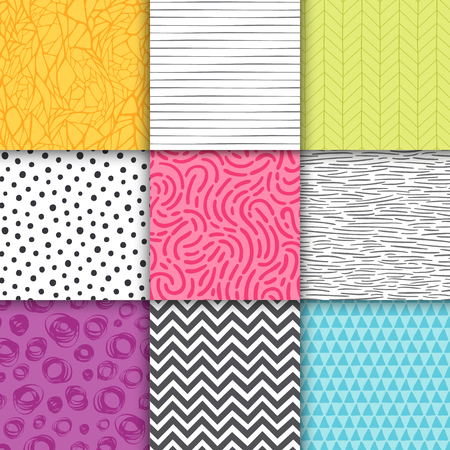 Abstract hand drawn geometric simple minimalistic seamless patterns set. Polka dot, stripes, waves, random symbols textures. Vector illustrationのイラスト素材