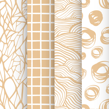 Abstract hand drawn geometric simple minimalistic seamless patterns set. Polka dot, stripes, waves, random symbols textures. Vector illustrationのイラスト素材