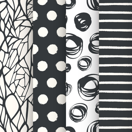 Abstract hand drawn geometric simple minimalistic seamless patterns set. Polka dot, stripes, waves, random symbols textures. Vector illustrationのイラスト素材