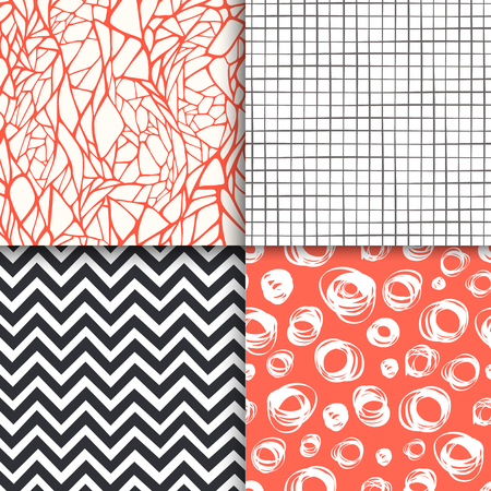 Abstract hand drawn geometric simple minimalistic seamless patterns set. Polka dot, stripes, waves, random symbols textures. Vector illustrationのイラスト素材