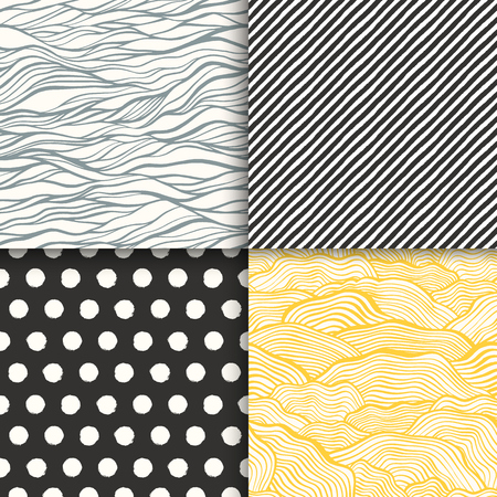 Abstract hand drawn geometric simple minimalistic seamless patterns set. Polka dot, stripes, waves, random symbols textures. Vector illustrationのイラスト素材