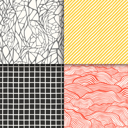 Abstract hand drawn geometric simple minimalistic seamless patterns set. Polka dot, stripes, waves, random symbols textures. Vector illustrationのイラスト素材