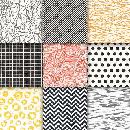 Abstract hand drawn geometric simple minimalistic seamless patterns set. Polka dot, stripes, waves, random symbols textures. Vector illustrationのイラスト素材