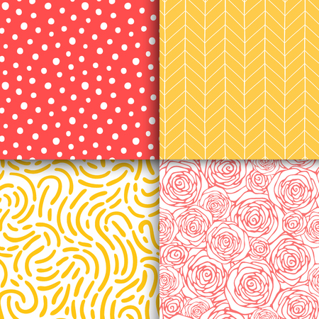 Abstract hand drawn geometric simple minimalistic seamless patterns set. Polka dot, stripes, waves, random symbols textures. Vector illustrationのイラスト素材