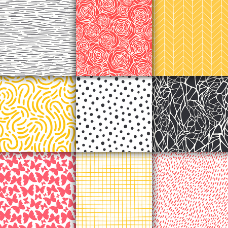 Abstract hand drawn geometric simple minimalistic seamless patterns set. Polka dot, stripes, waves, random symbols textures. Vector illustration