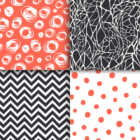Abstract hand drawn geometric simple minimalistic seamless patterns set. Polka dot, stripes, waves, random symbols textures. Vector illustrationのイラスト素材