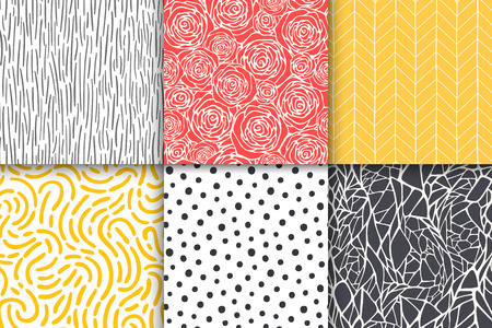 Abstract hand drawn geometric simple minimalistic seamless patterns set. Polka dot, stripes, waves, random symbols textures. Vector illustrationのイラスト素材