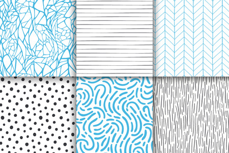 Abstract hand drawn geometric simple minimalistic seamless patterns set. Polka dot, stripes, waves, random symbols textures. Vector illustrationのイラスト素材