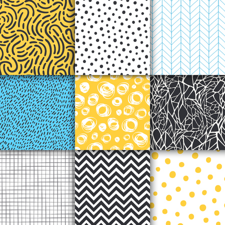 Abstract hand drawn geometric simple minimalistic seamless patterns set. Polka dot, stripes, waves, random symbols textures. Vector illustrationのイラスト素材