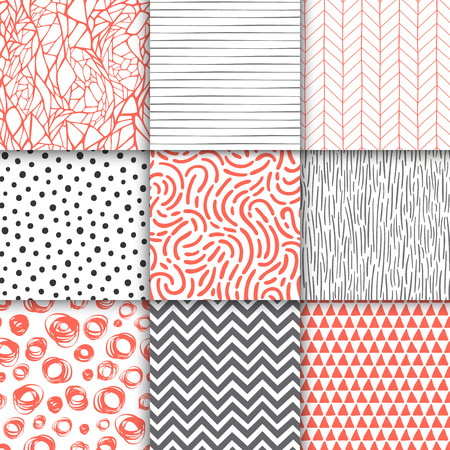 Abstract hand drawn geometric simple minimalistic seamless patterns set. Polka dot, stripes, waves, random symbols textures. Vector illustrationのイラスト素材