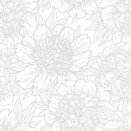 Seamless pattern with peony flowers hand drawn in lines. Graphic doodle sketch floral background. Vector illustrationのイラスト素材