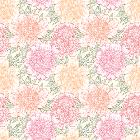 Seamless pattern with peony flowers hand drawn in lines. Graphic doodle sketch floral background. Vector illustrationのイラスト素材