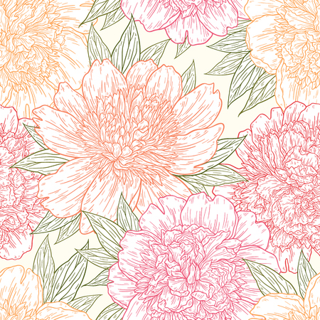 Seamless pattern with peony flowers hand drawn in lines. Graphic doodle sketch floral background. Vector illustrationのイラスト素材