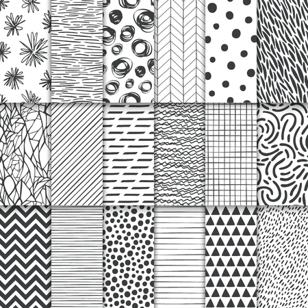 Abstract hand drawn geometric simple minimalistic seamless patterns set. Polka dot, stripes, waves, random symbols textures. Vector illustrationのイラスト素材
