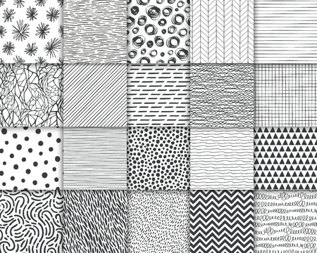 Abstract hand drawn geometric simple minimalistic seamless patterns set. Polka dot, stripes, waves, random symbols textures. Vector illustrationのイラスト素材