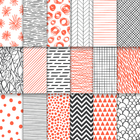 Abstract hand drawn geometric simple minimalistic seamless patterns set. Polka dot, stripes, waves, random symbols textures. Vector illustrationのイラスト素材